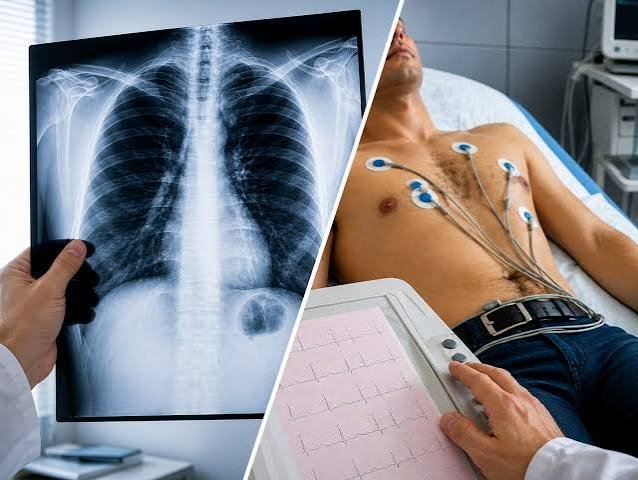 Radiografia de tórax ao lado de paciente com eletrodos de eletrocardiograma, ilustrando a avaliação de risco cirúrgico